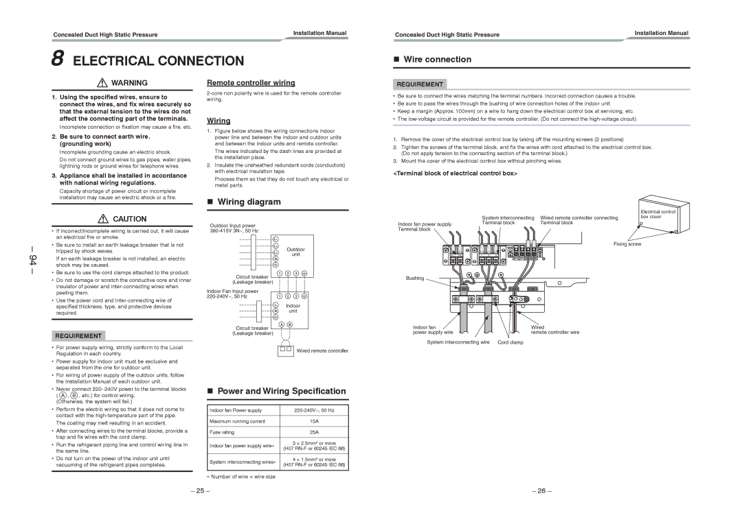 Toshiba RAV-SM2242DT-TR Electrical Connection, Wire connection, Wiring diagram, Power and Wiring Specification 