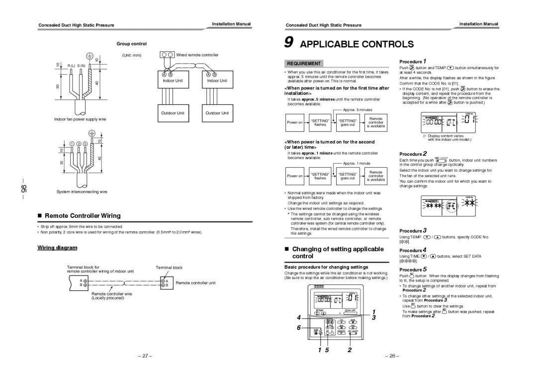 Toshiba RAV-SM2802DT-TR Applicable Controls, Remote Controller Wiring, Changing of setting applicable control 