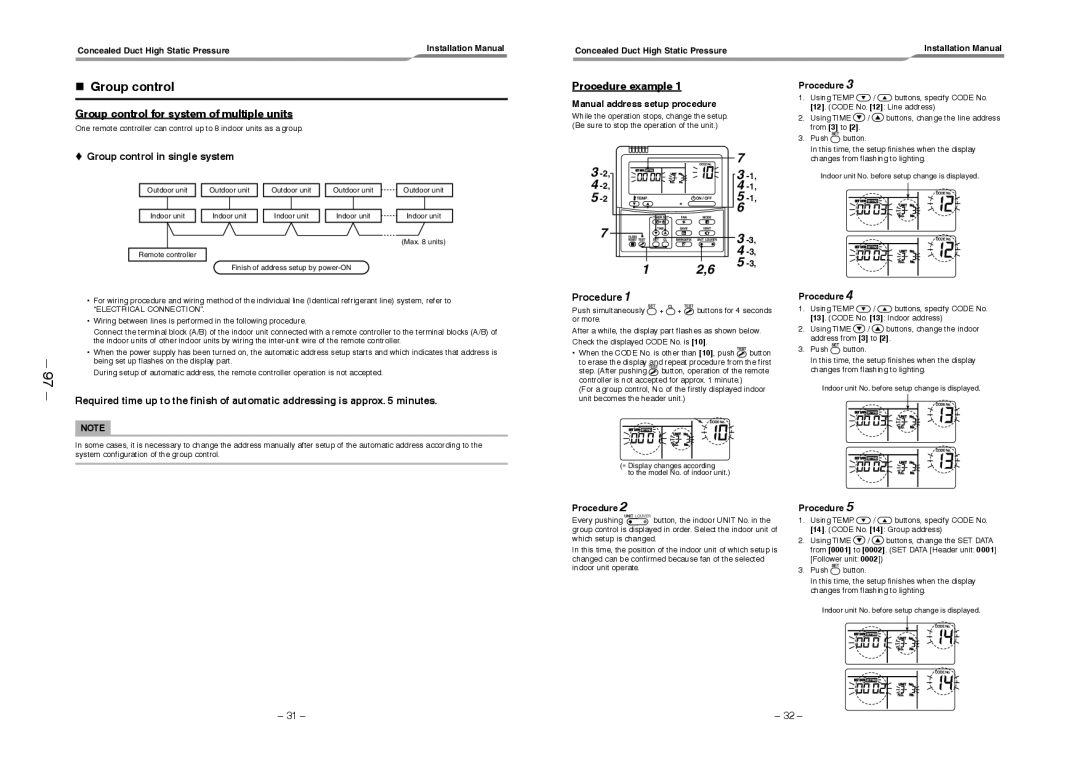 Toshiba RAV-SM2242DT-TR Group control for system of multiple units, Procedure example, Manual address setup procedure 