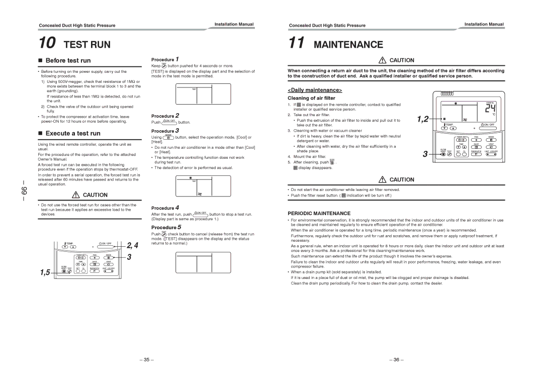 Toshiba RAV-SM2802DT-E, RAV-SM2242DT-TR, RAV-SM2802DT-TR Test RUN, Before test run, Execute a test run, Daily maintenance 