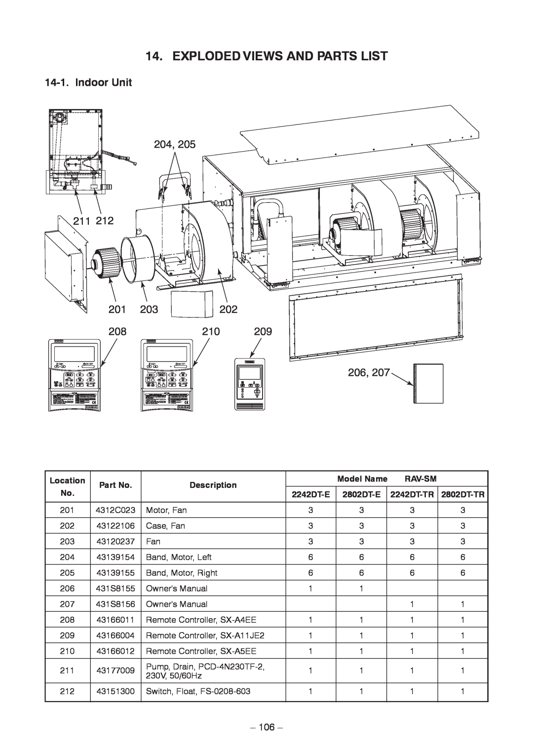 Toshiba RAV-SM2242DT-TR, RAV-SM2802DT-E service manual 204, 211, 206, 106, Location, Part No, Description, Rav-Sm, 2242DT-E 
