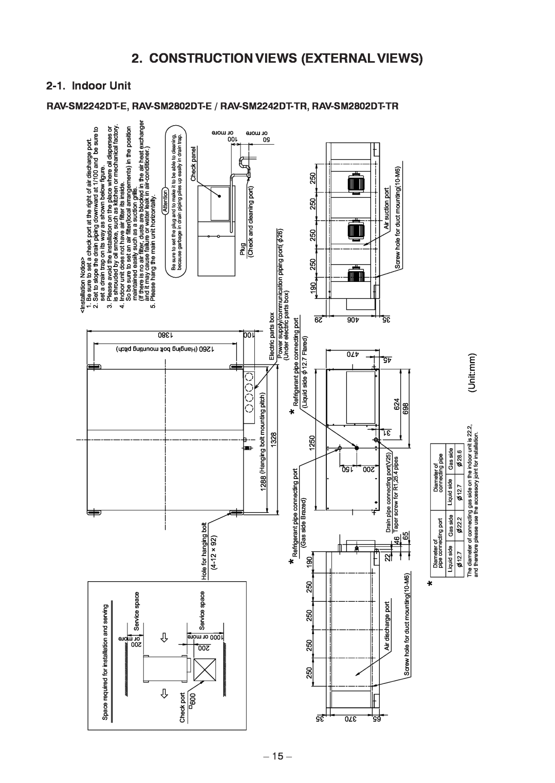 Toshiba RAV-SM2802DT-E, RAV-SM2242DT-TR Construction Views External Views, 15, Indoor Unit, SM2242DT-E, Unit:mm 
