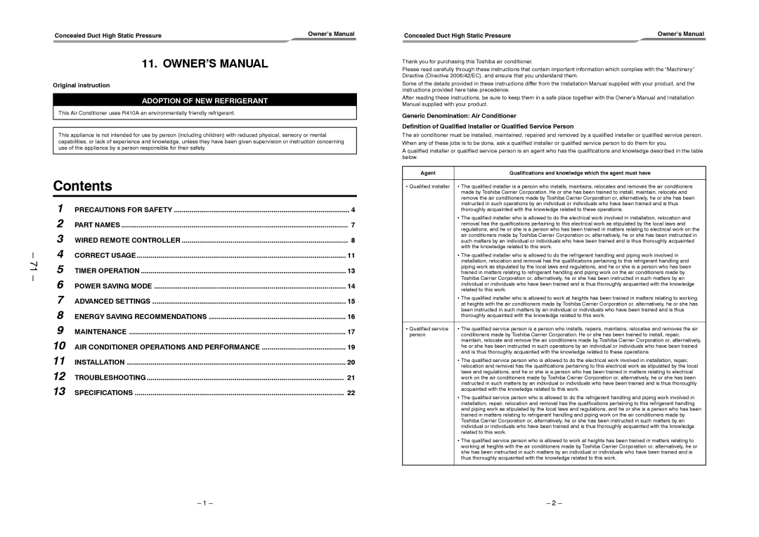 Toshiba RAV-SM2802DT-TR, RAV-SM2802DT-E, RAV-SM2242DT-TR service manual Contents, Owner’S Manual 
