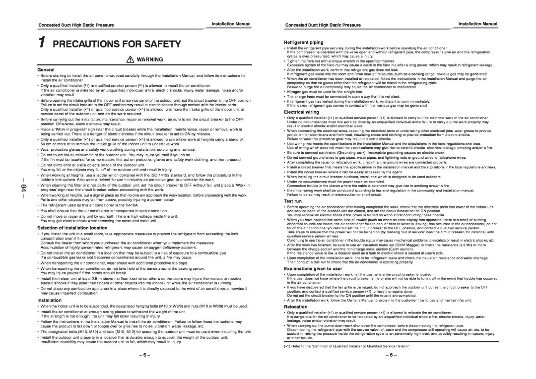 Toshiba RAV-SM2802DT-E Precautions For Safety, 84, Concealed Duct High Static Pressure, General, Installation, Test run 