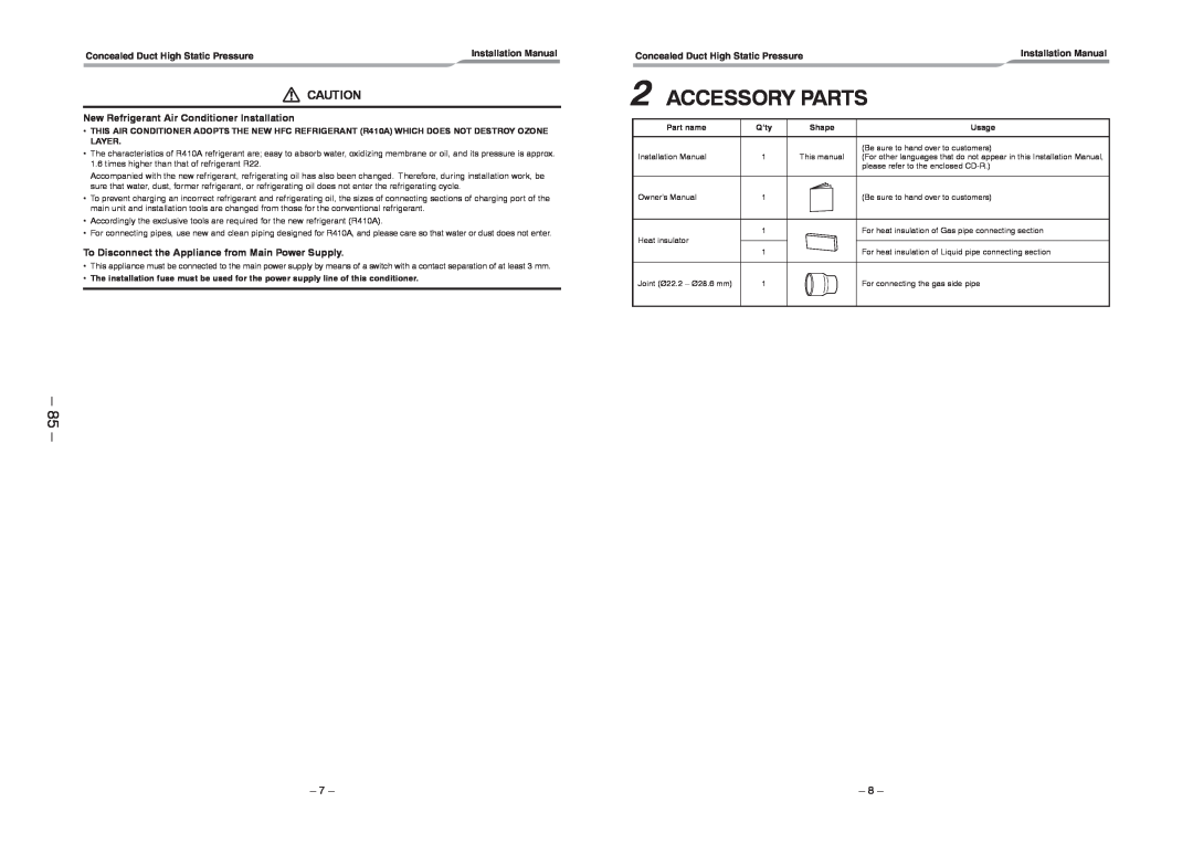 Toshiba RAV-SM2242DT-TR Accessory Parts, 85, Concealed Duct High Static Pressure, Installation Manual, Part name, Q’ty 