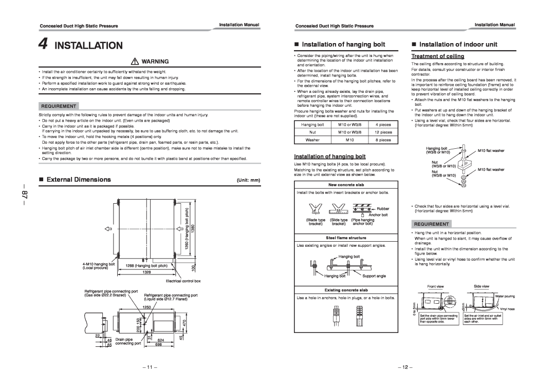 Toshiba RAV-SM2802DT-E 87, n External Dimensions, nInstallation of hanging bolt, nInstallation of indoor unit 