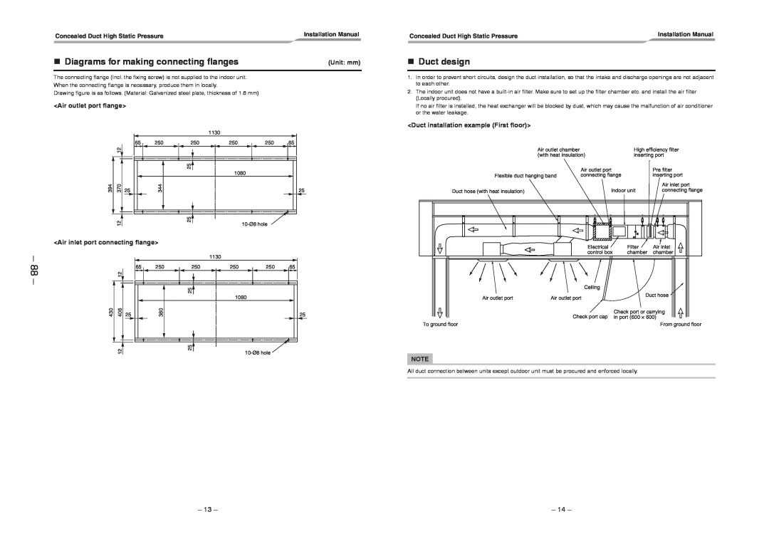 Toshiba RAV-SM2242DT-TR 88, n Diagrams for making connecting flanges, nDuct design, Concealed Duct High Static Pressure 