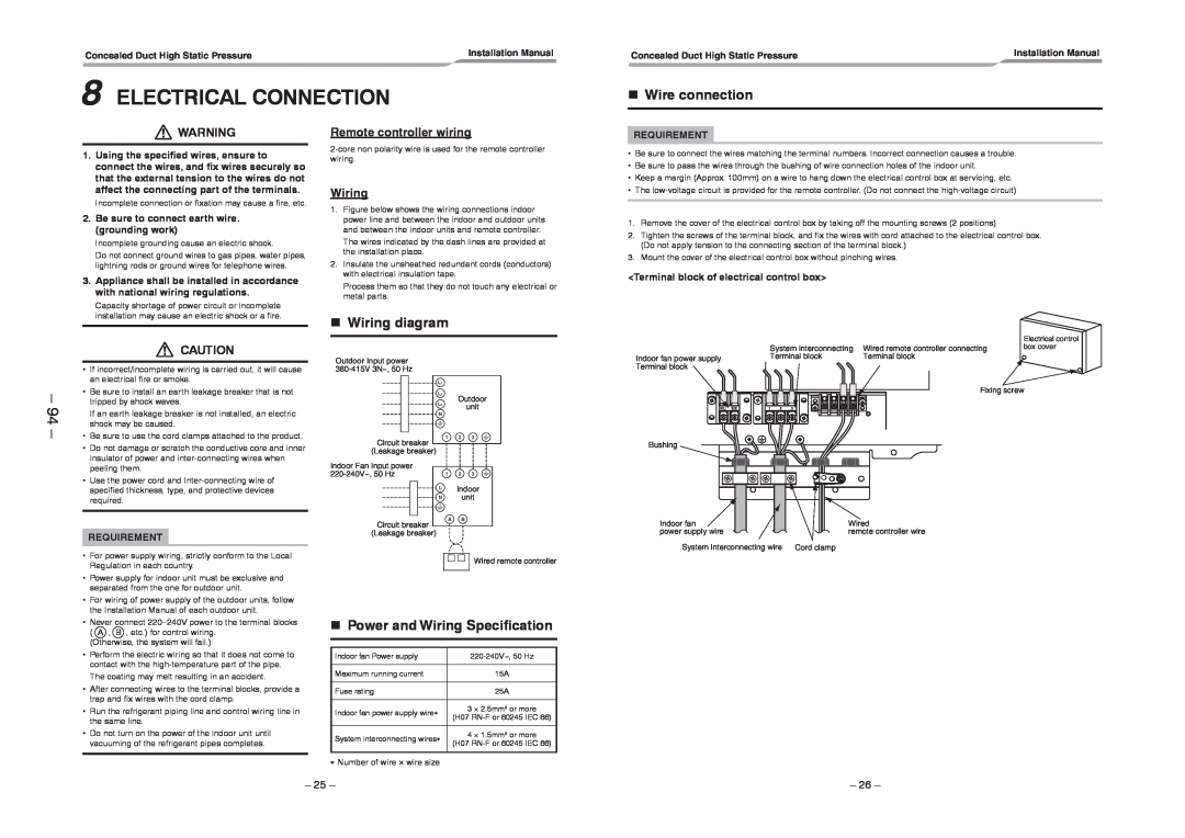 Toshiba RAV-SM2242DT-TR Electrical Connection, 94, nWire connection, nWiring diagram, nPower and Wiring Specification 