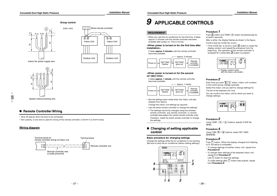 Toshiba RAV-SM2802DT-TR Applicable Controls, nRemote Controller Wiring, nChanging of setting applicable control, Procedure 