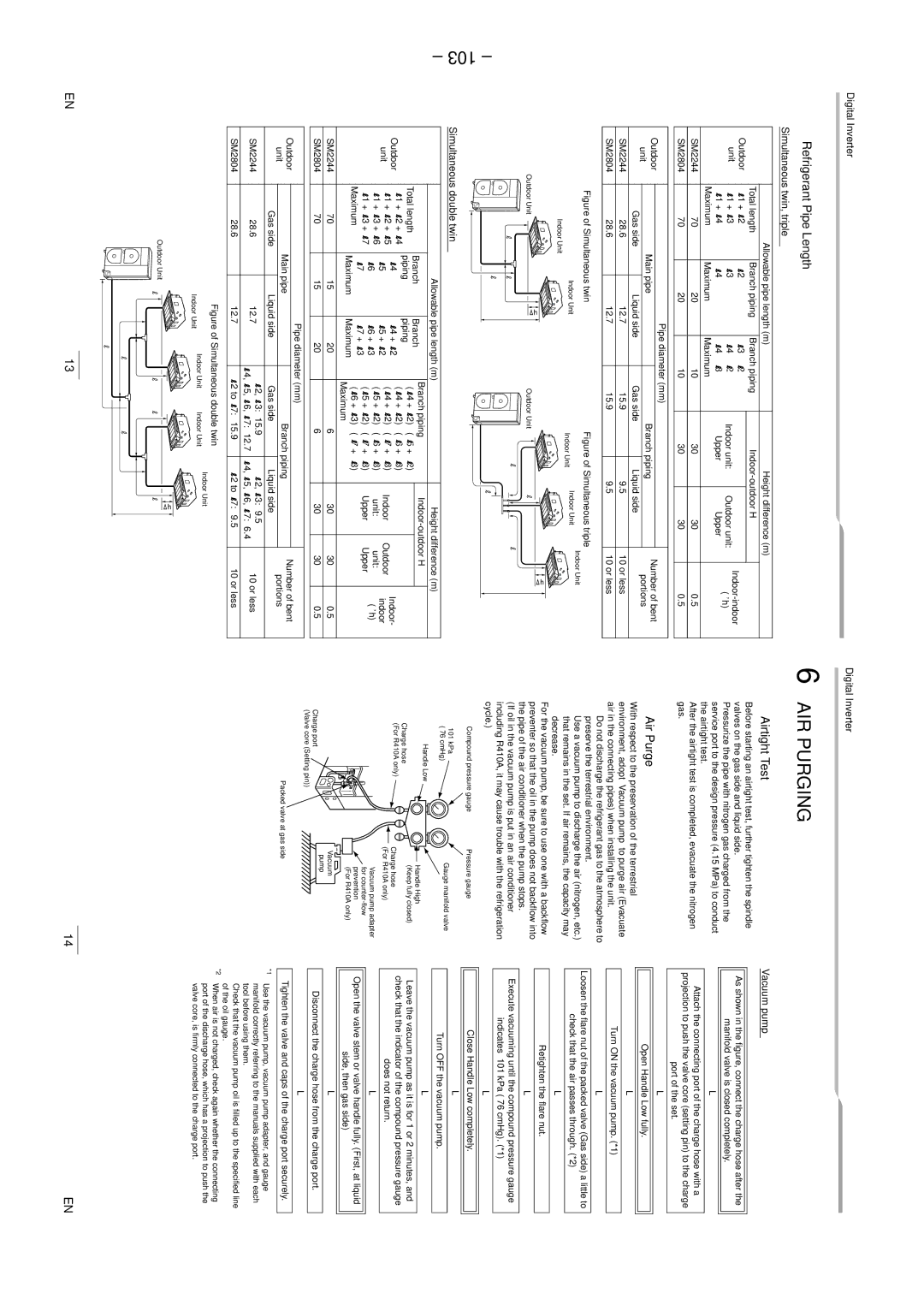 Toshiba RAV-SM2244AT7Z Allowable pipe length m, Total length Branch piping Indoor-outdoor H, Upper Maximum SM2244 SM2804 