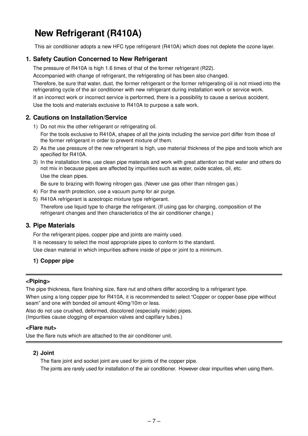Toshiba RAV-SM2804AT7Z Safety Caution Concerned to New Refrigerant, Pipe Materials, Copper pipe Piping, Flare nut, Joint 