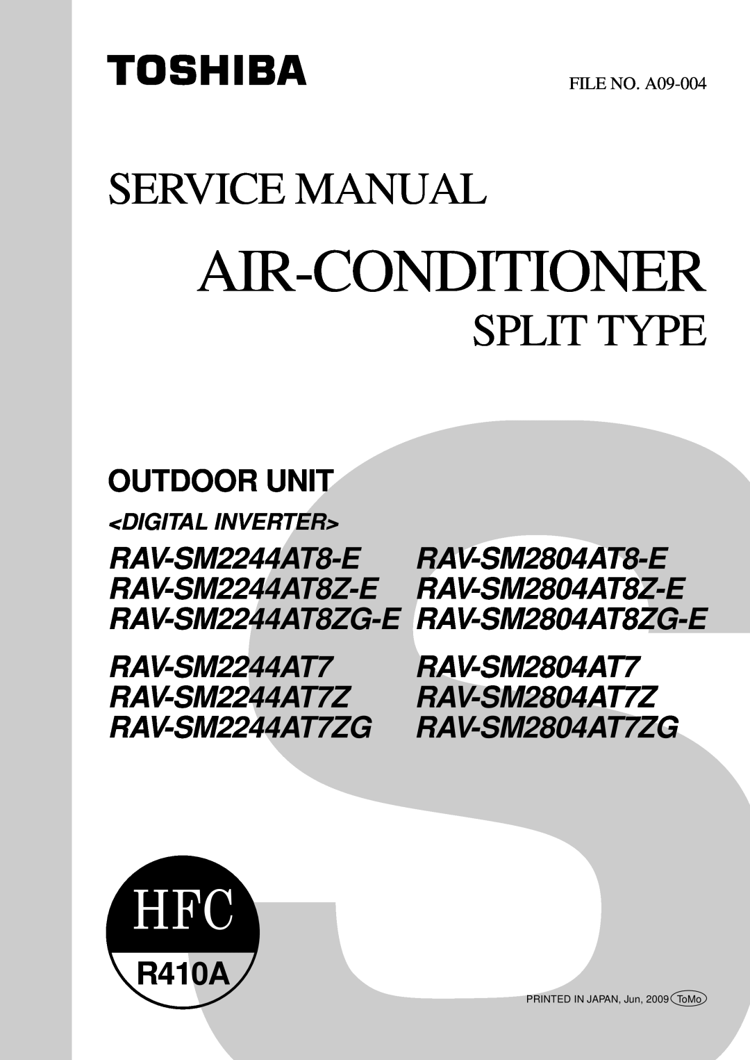 Toshiba RAV-SM2244AT8ZG-E service manual Outdoor Unit, Digital Inverter, Air-Conditioner, Service Manual, Split Type 