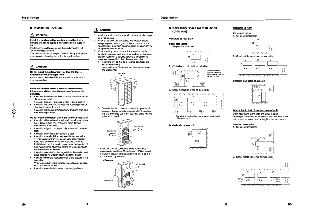 Toshiba RAV-SM2244AT8ZG-E „Installation Location, „Necessary Space for Installation Unit: mm, Digital Inverter 