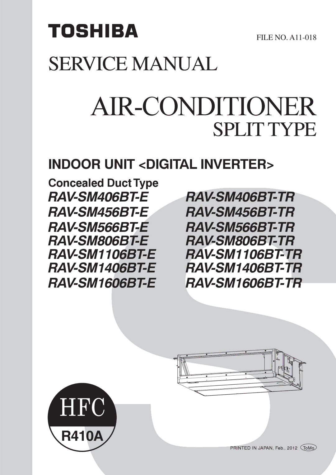 Toshiba RAV-SM1406BT-E, RAV-SM406BT-TR, RAV-SM1606BT-E, RAV-SM1606BT-TR, RAV-SM1406BT-TR service manual Split Type 