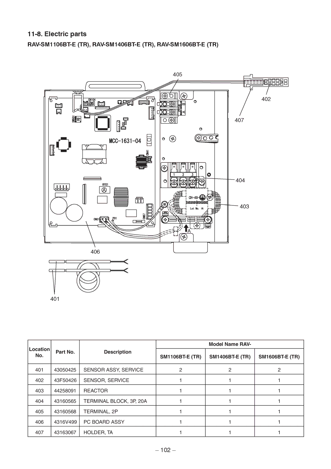 Toshiba RAV-SM566BT-TR, RAV-SM406BT-TR Electric parts, RAV-SM1106BT-E TR, RAV-SM1406BT-E TR, RAV-SM1606BT-E TR 