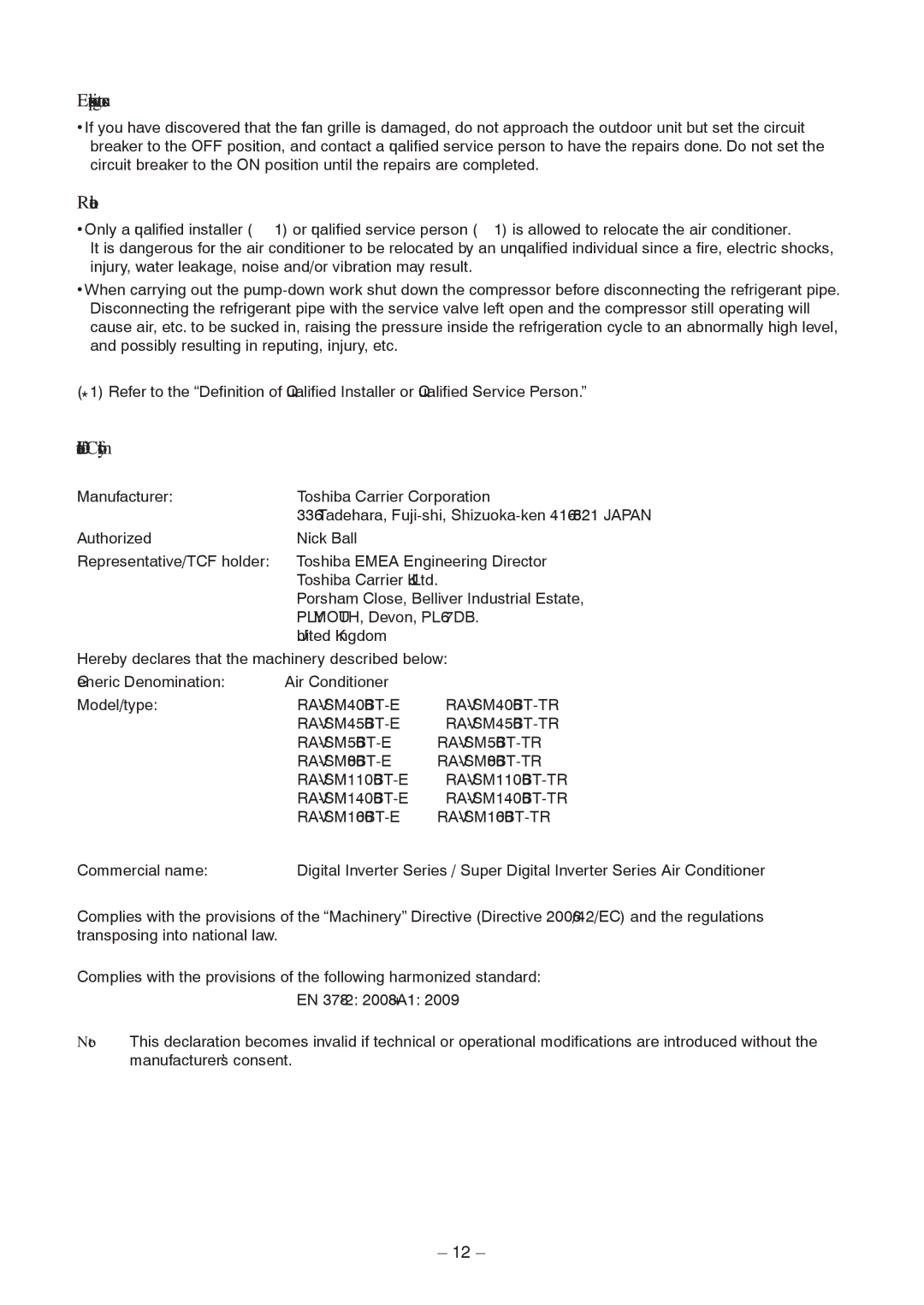 Toshiba RAV-SM456BT-E, RAV-SM406BT-TR, RAV-SM1406BT-E Explanations given to user, Relocation, Declaration of Conformity 