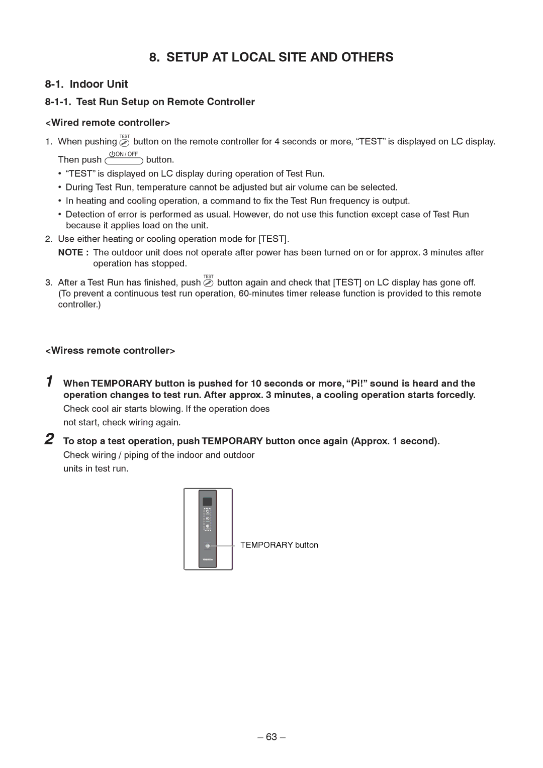 Toshiba RAV-SM566BT-TR Indoor Unit, Test Run Setup on Remote Controller Wired remote controller, Wiress remote controller 