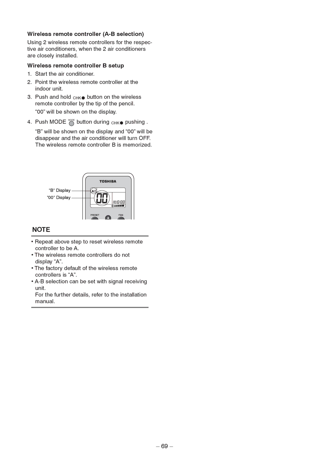 Toshiba RAV-SM1406BT-TR, RAV-SM406BT-TR Wireless remote controller A-B selection, Wireless remote controller B setup 