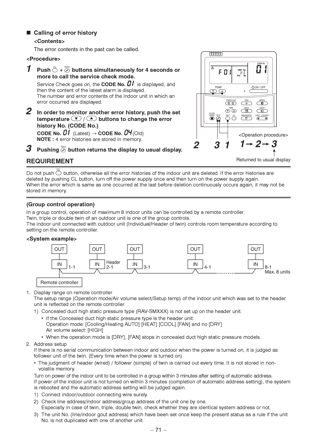 Toshiba RAV-SM1106BT-TR „ Calling of error history Contents, Order to monitor another error history, push the set, Pushing 