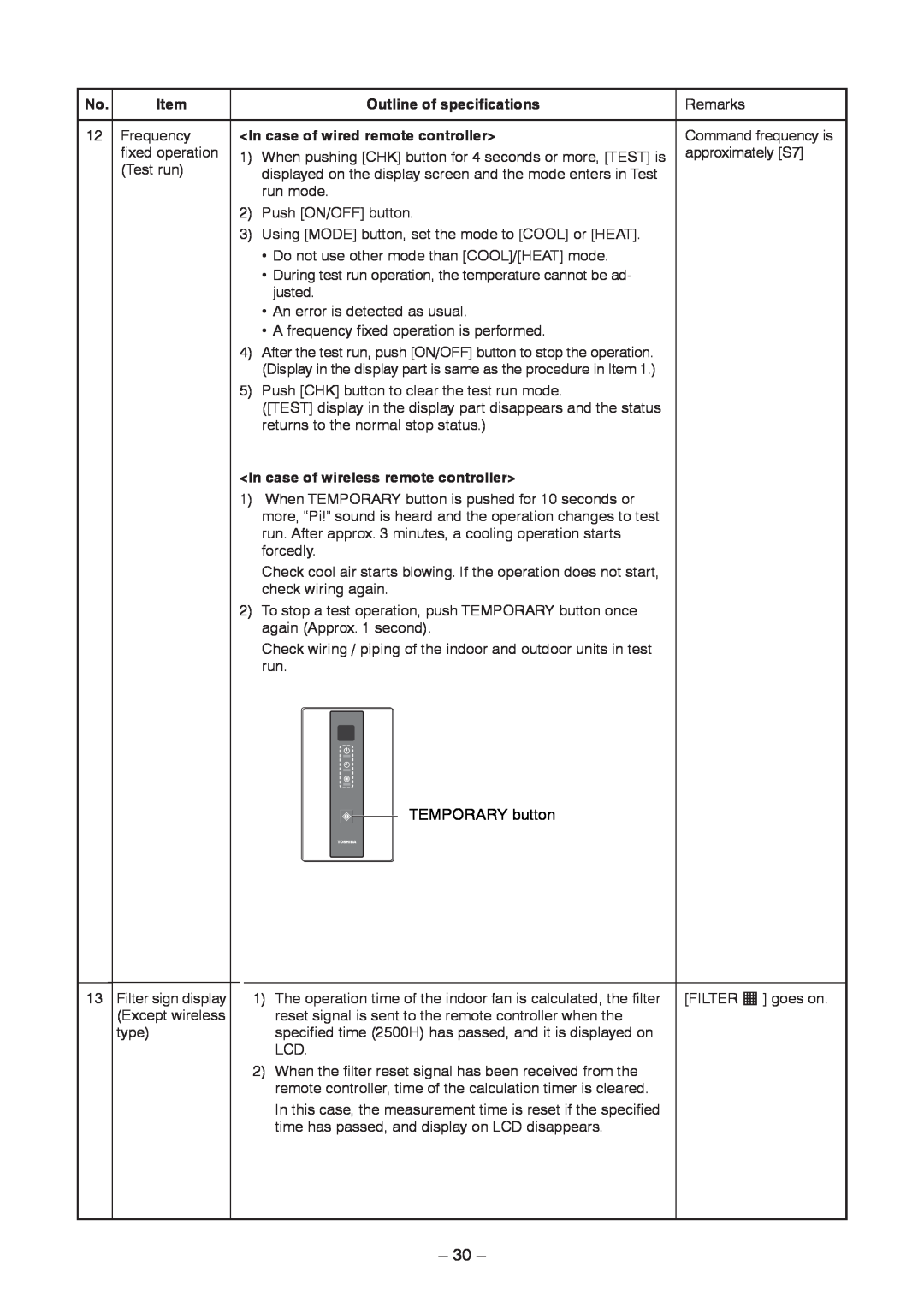 Toshiba RAV-SM1406BT-TR, RAV-SM406BT-TR Outline of specifications, Remarks, In case of wired remote controller 
