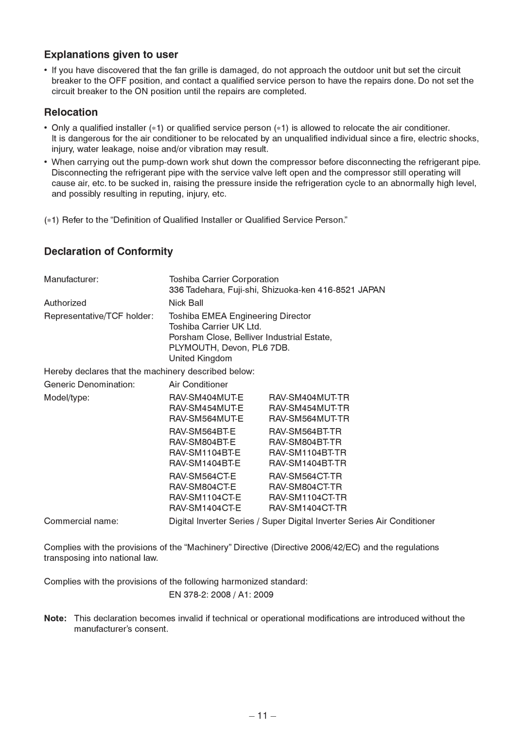 Toshiba RAV-SM564BT-E, RAV-SM454MUT-E, RAV-SM404MUT-TR Explanations given to user, Relocation, Declaration of Conformity 