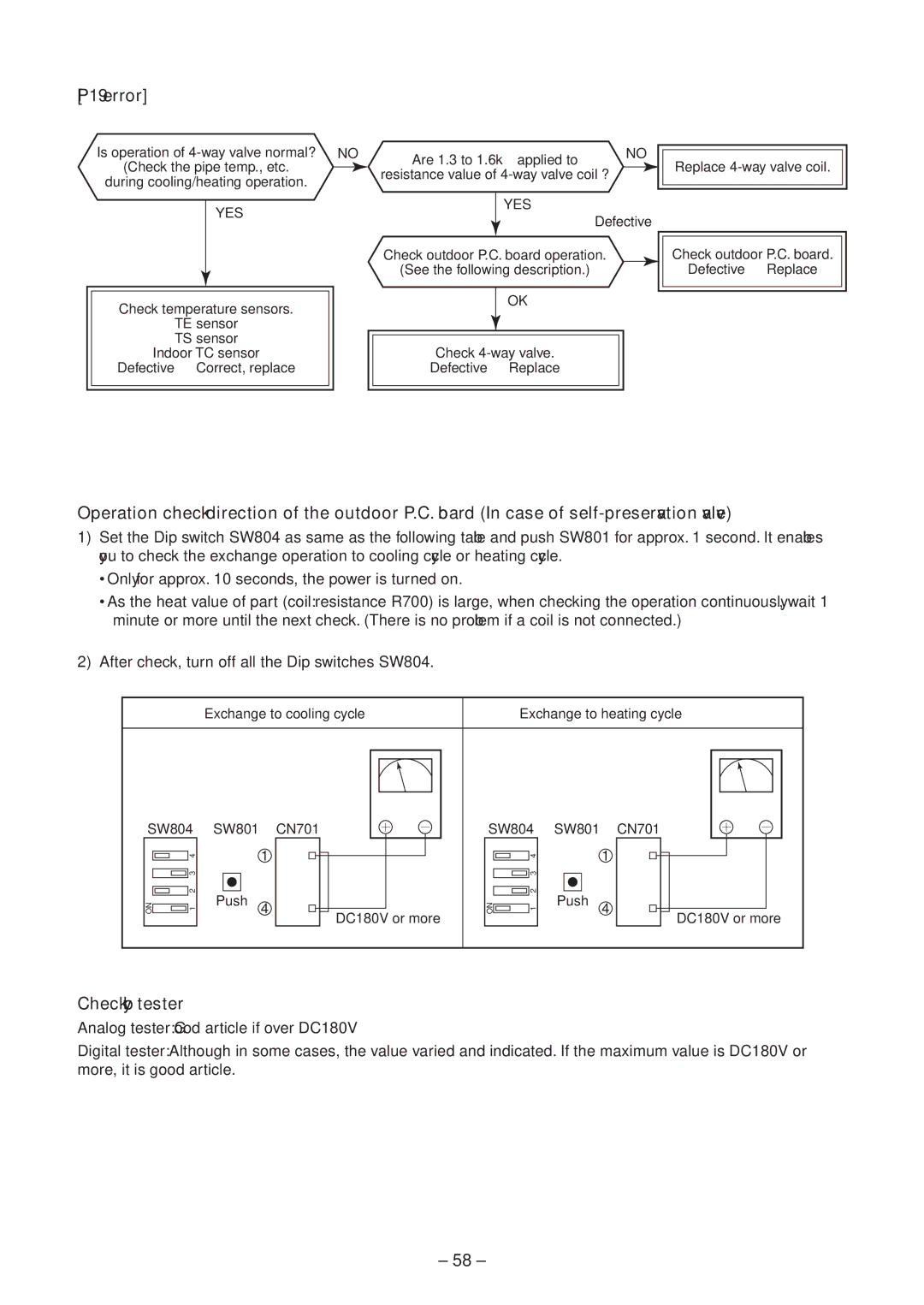 Toshiba RAV-SM1404BT-E, RAV-SM454MUT-E P19 error, Check by tester, Exchange to cooling cycle, Exchange to heating cycle 