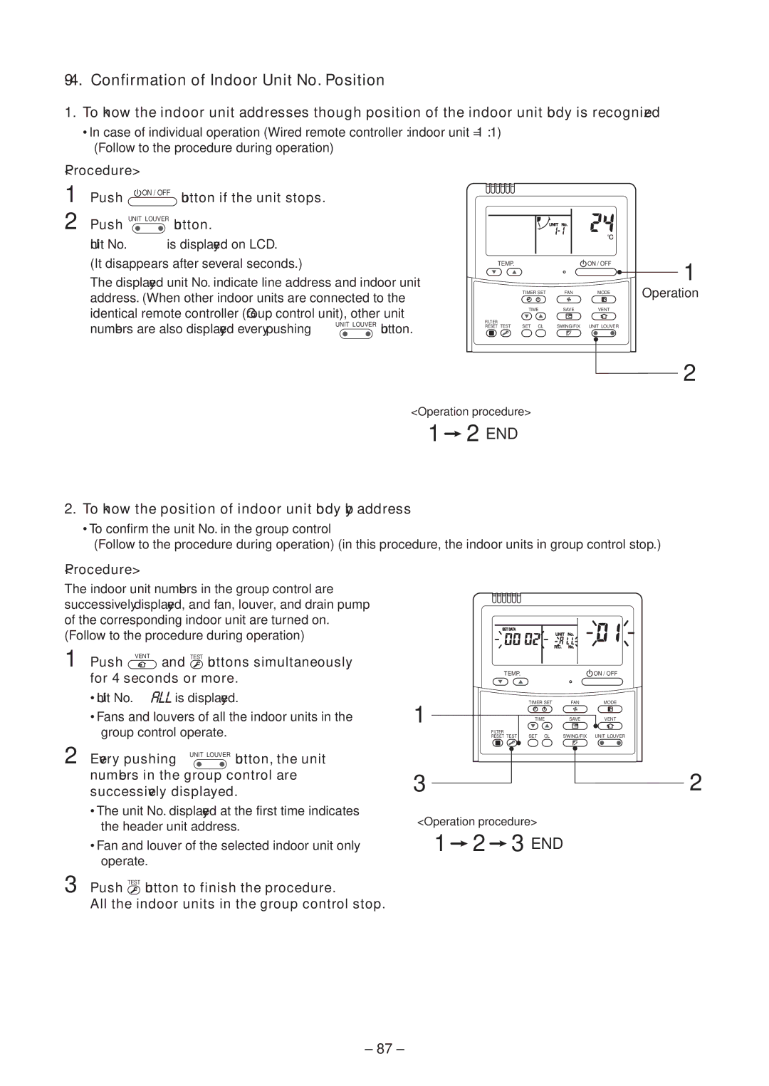 Toshiba RAV-SM1104BT-E To know the position of indoor unit body by address, Procedure, Button if the unit stops 