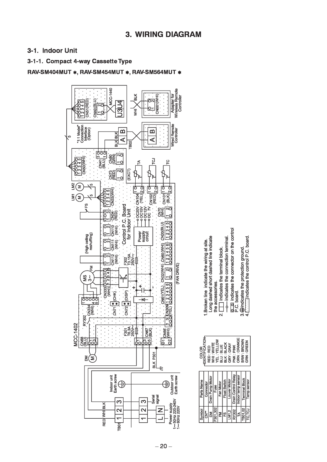 Toshiba RAV-SM804BT-E, RAV-SM454MUT-E, RAV-SM404MUT-TR Wiring Diagram, Indoor Unit, Compact 4-wayCassette Type, 20 