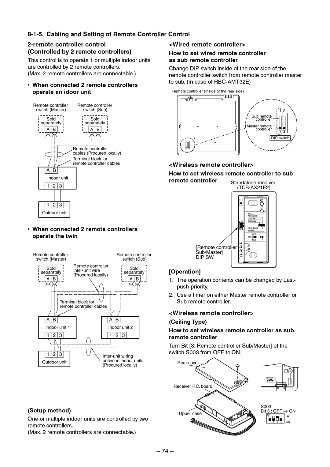 Toshiba RAV-SM1404BT-TR, RAV-SM454MUT-E, RAV-SM404MUT-TR <Wired remote controller>, <Wireless remote controller>, 74 