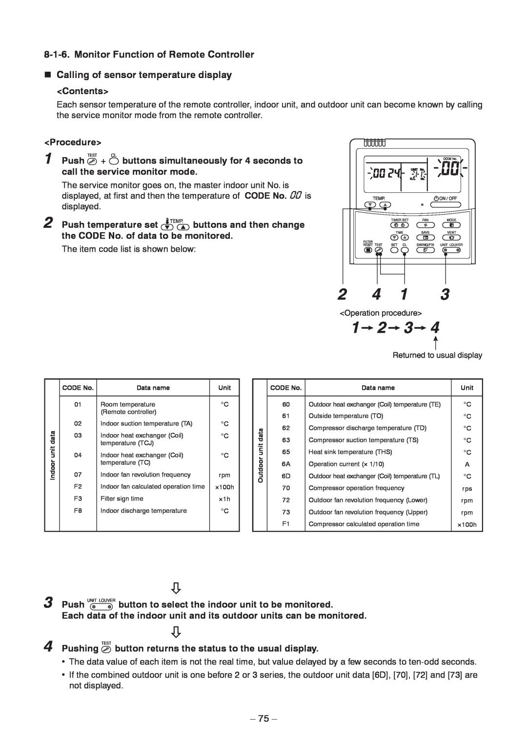 Toshiba RAV-SM1104BT-TR 1 2, Monitor Function of Remote Controller, nCalling of sensor temperature display, 75 