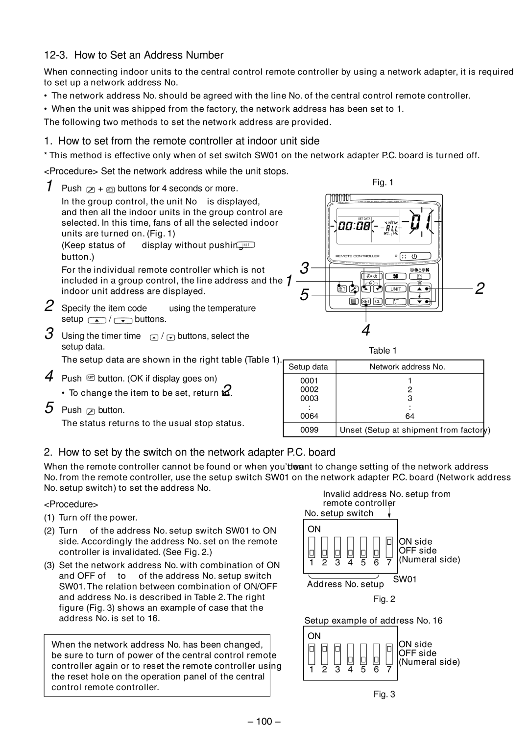 Toshiba RAV-SM560BT-E How to Set an Address Number, How to set from the remote controller at indoor unit side, 100 