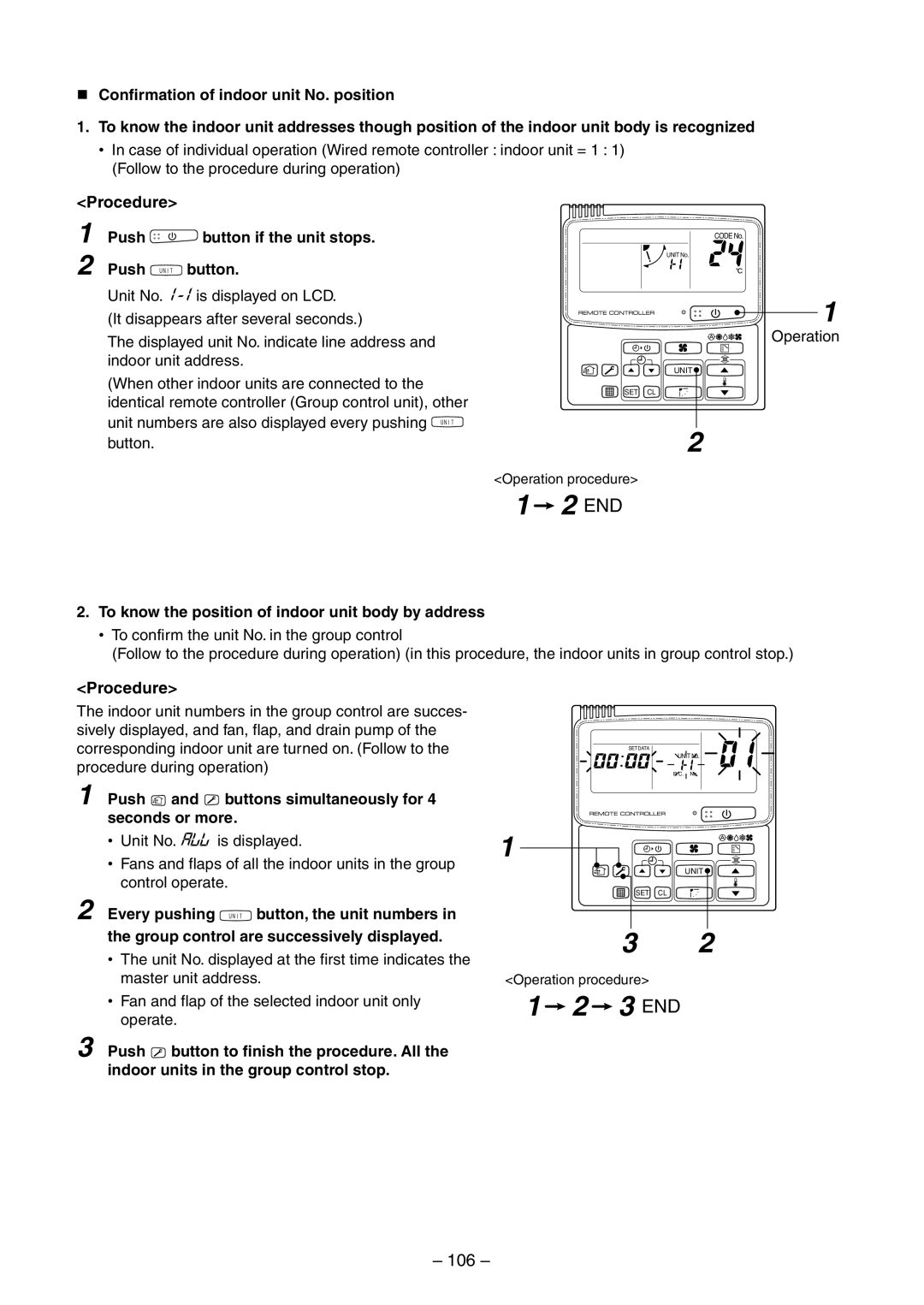 Toshiba RAV-SM560BT-E 106, Push button if the unit stops, To know the position of indoor unit body by address 