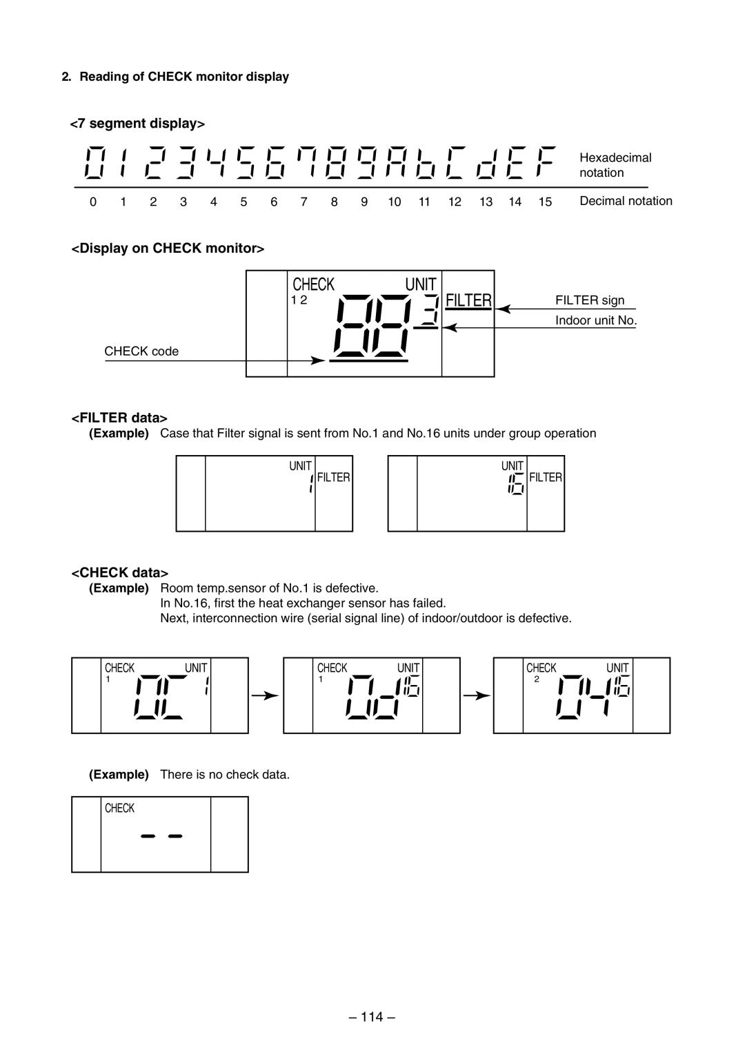 Toshiba RAV-SM800AT-E, RAV-SM800UT-E, RAV-SM560UT-E Segment display, Display on Check monitor, Filter data, Check data, 114 