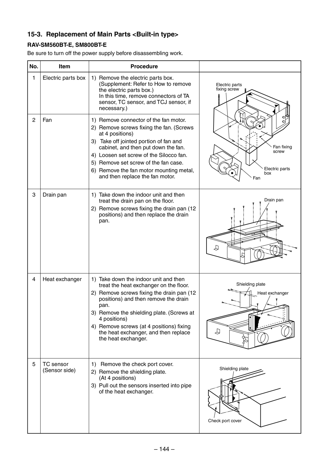 Toshiba RAV-SM800AT-E, RAV-SM800UT-E, RAV-SM560UT-E, RAV-SM560AT-E service manual Replacement of Main Parts Built-in type, 144 