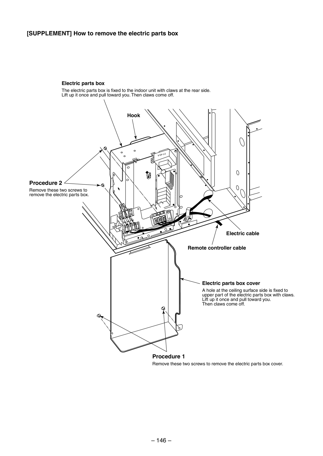 Toshiba RAV-SM560UT-E, RAV-SM800AT-E Supplement How to remove the electric parts box, 146, Electric parts box, Hook 