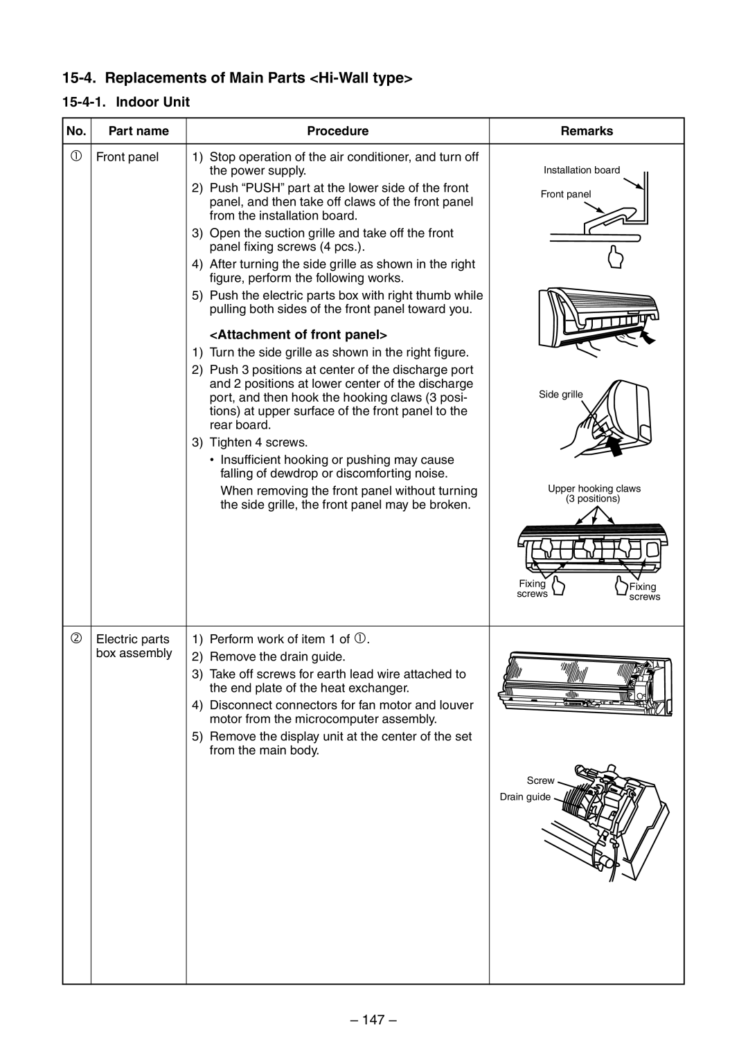 Toshiba RAV-SM560AT-E, RAV-SM800AT-E, RAV-SM800UT-E Replacements of Main Parts Hi-Wall type, 147, Attachment of front panel 