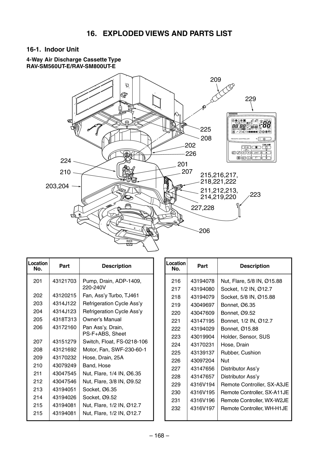 Toshiba RAV-SM800AT-E, RAV-SM800UT-E, RAV-SM560UT-E, RAV-SM560AT-E, RAV-SM560BT-E 224, 168, Part Description, Location 