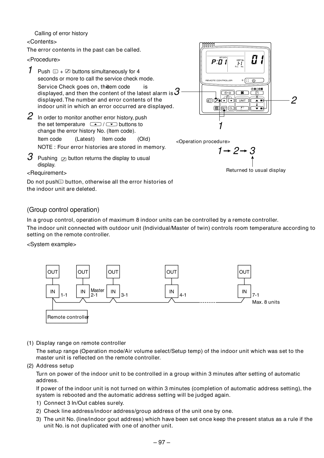 Toshiba RAV-SM800UT-E Group control operation, Requirement, System example, Calling of error history, Buttons to 