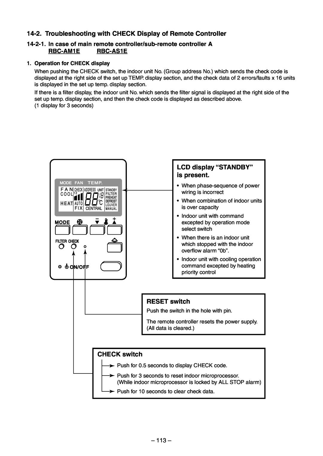 Toshiba RAV-SM800BT-E, RAV-SM800AT-E LCD display “STANDBY” is present, RESET switch, CHECK switch, RBC-AM1E RBC-AS1E, 113 