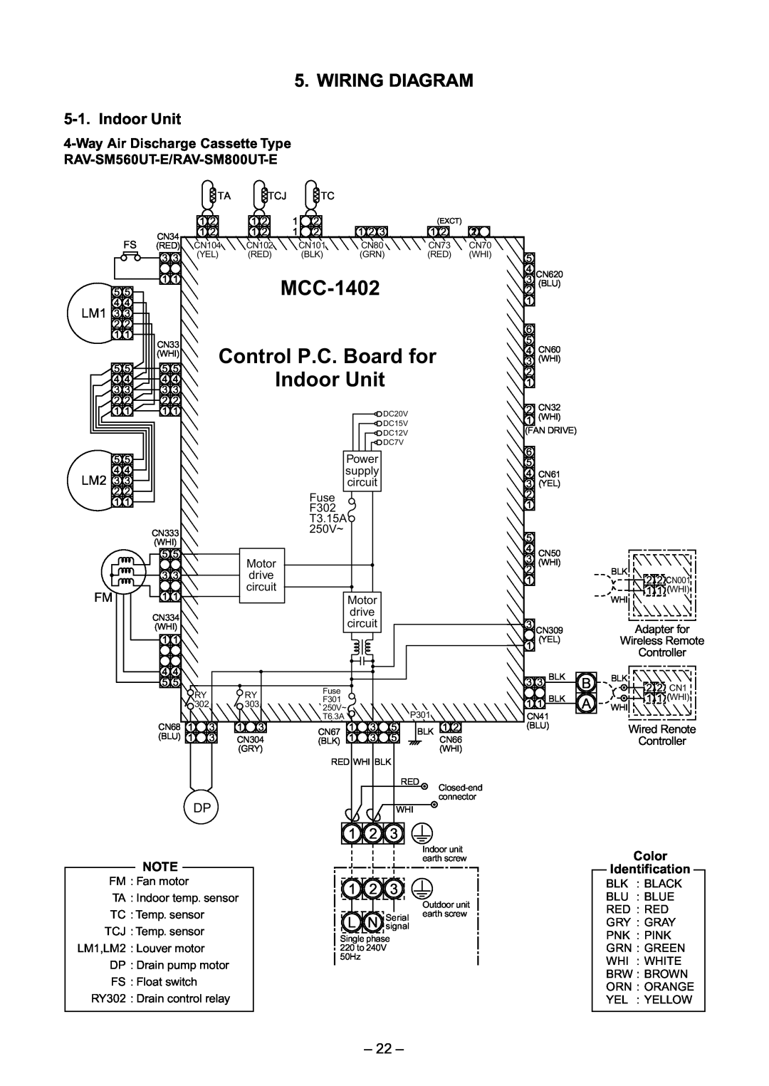 Toshiba RAV-SM560BT-E, RAV-SM800AT-E, RAV-SM800UT-E MCC-1402, Control P.C. Board for, Indoor Unit, Wiring Diagram 