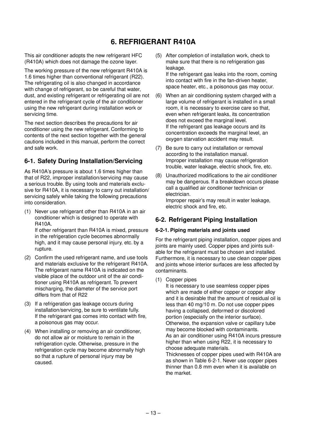 Toshiba RAV-SM560XT-E Refrigerant R410A, Safety During Installation/Servicing, Refrigerant Piping Installation 