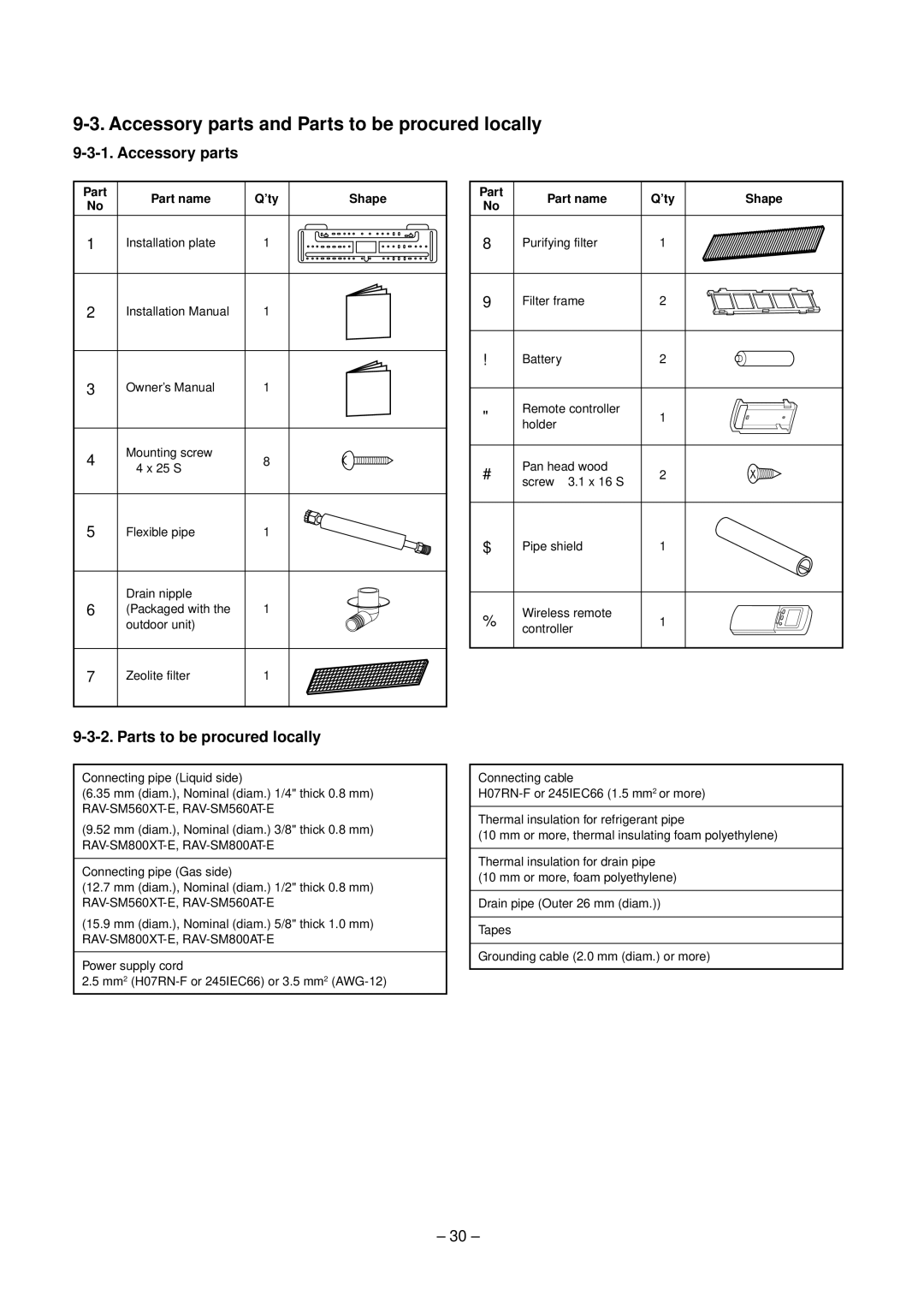 Toshiba RAV-SM800XT-E, RAV-SM560XT-E service manual Accessory parts and Parts to be procured locally 