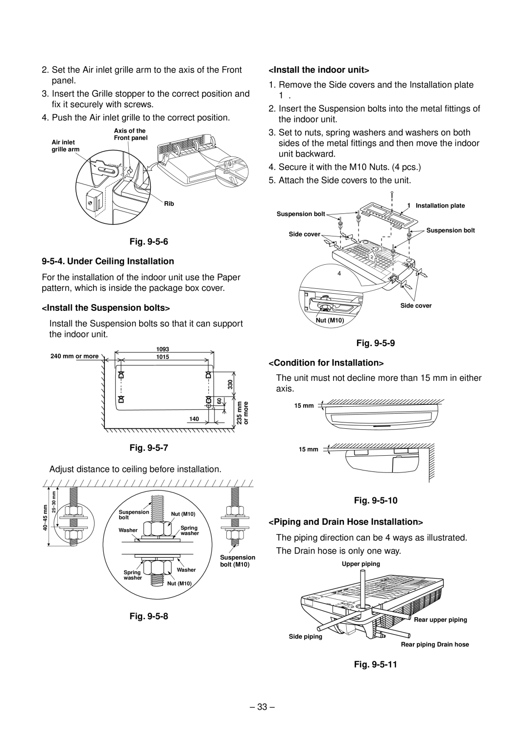 Toshiba RAV-SM560XT-E, RAV-SM800XT-E Install the indoor unit, Install the Suspension bolts, Condition for Installation 