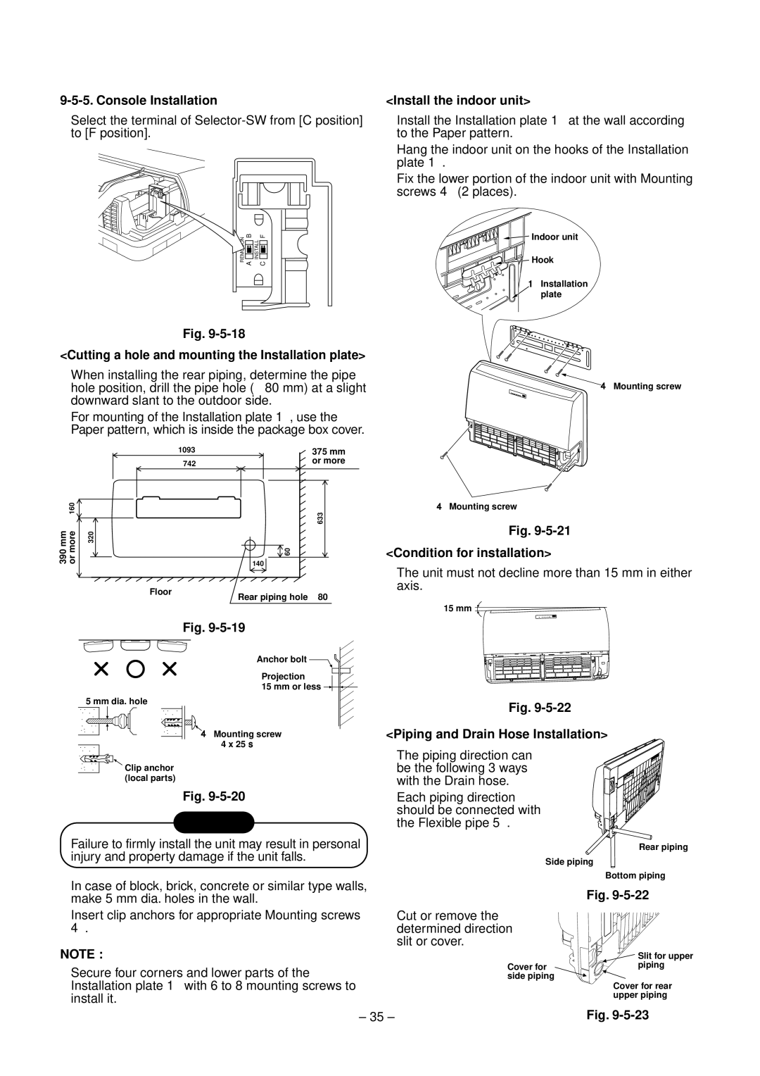 Toshiba RAV-SM560XT-E Cutting a hole and mounting the Installation plate, Unit must not decline more than 15 mm in either 