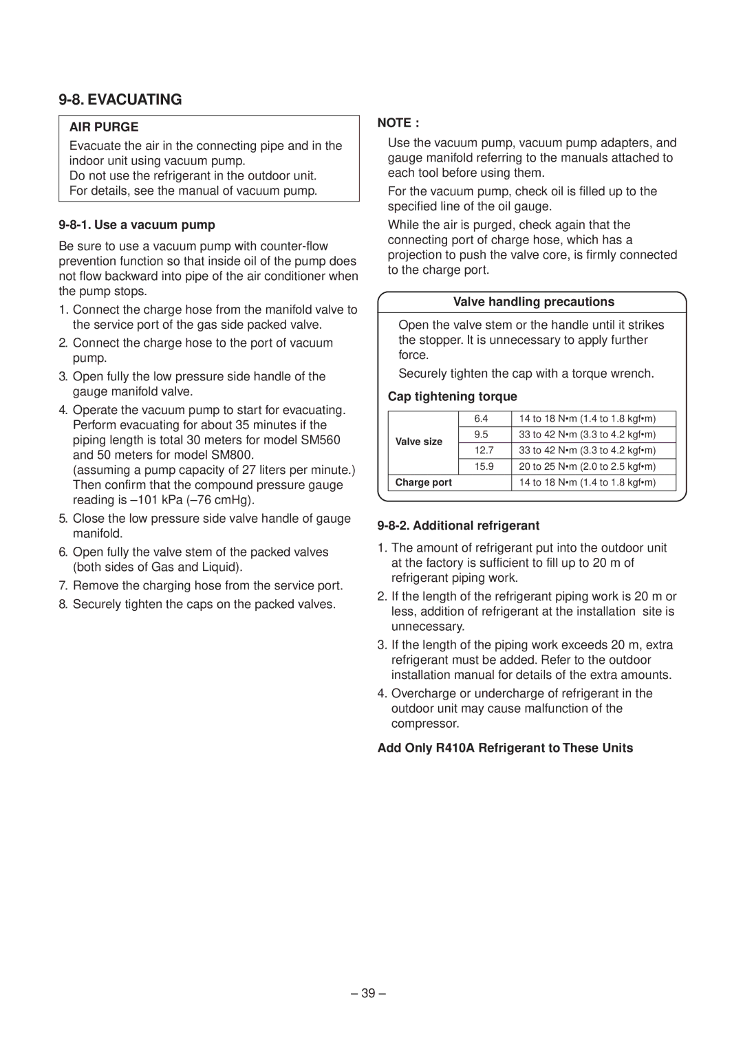 Toshiba RAV-SM560XT-E, RAV-SM800XT-E service manual Evacuating 