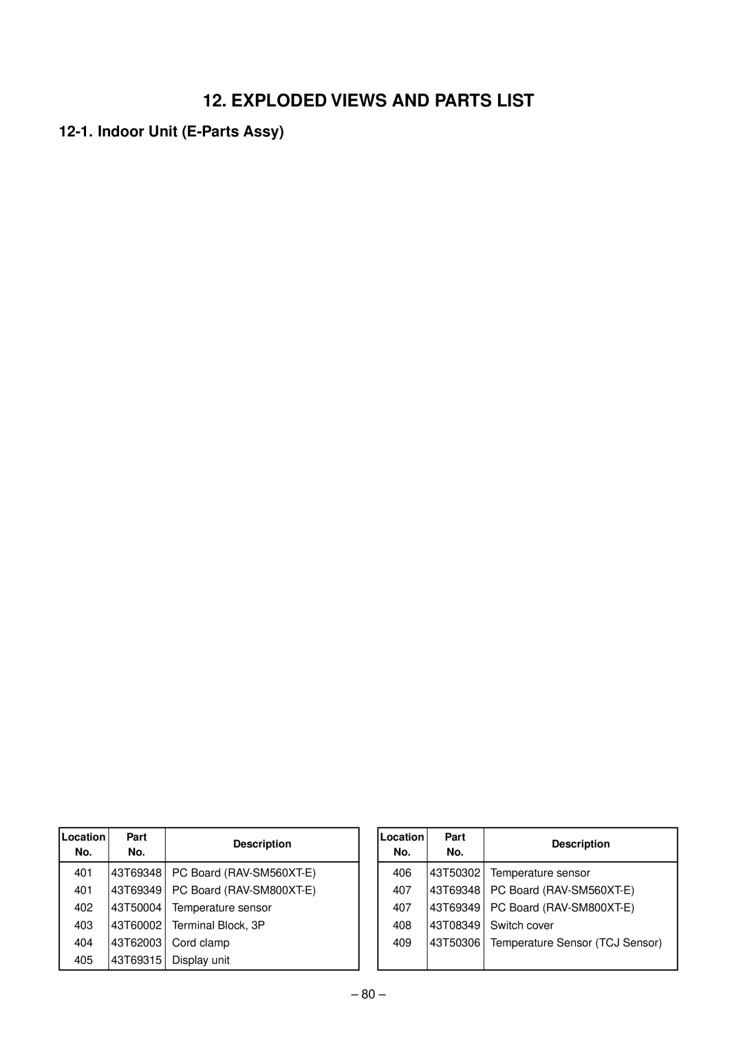 Toshiba RAV-SM800XT-E, RAV-SM560XT-E service manual Exploded Views and Parts List, Indoor Unit E-Parts Assy 