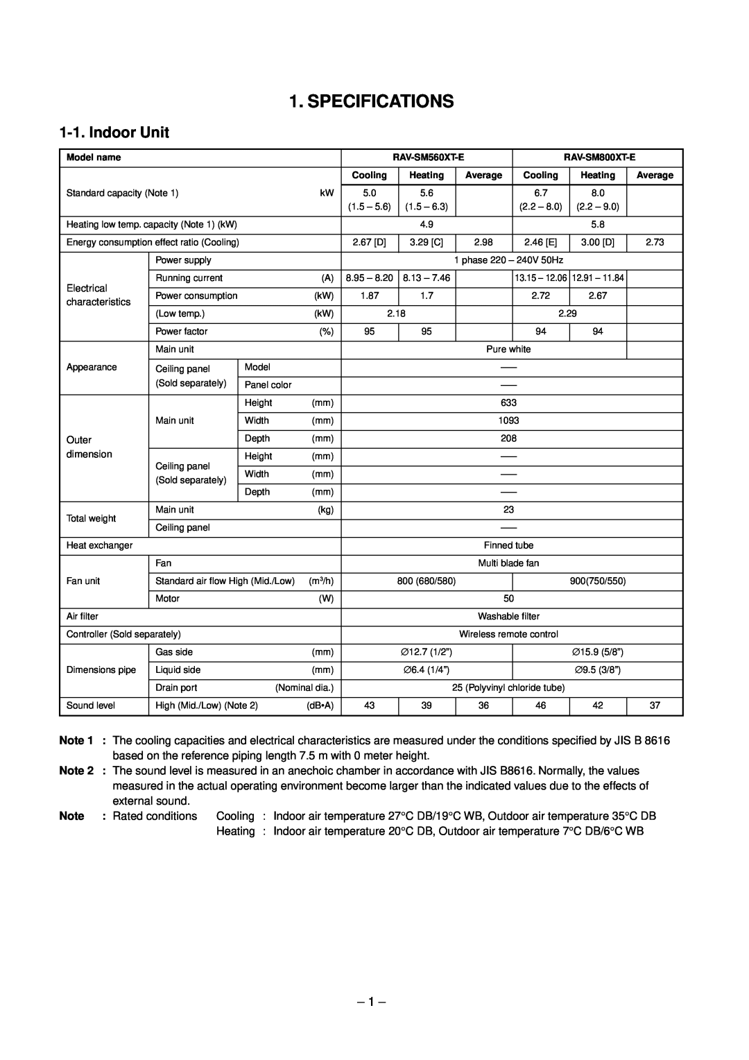 Toshiba RAV-SM560XT-E, RAV-SM800XT-E service manual Specifications, Indoor Unit 