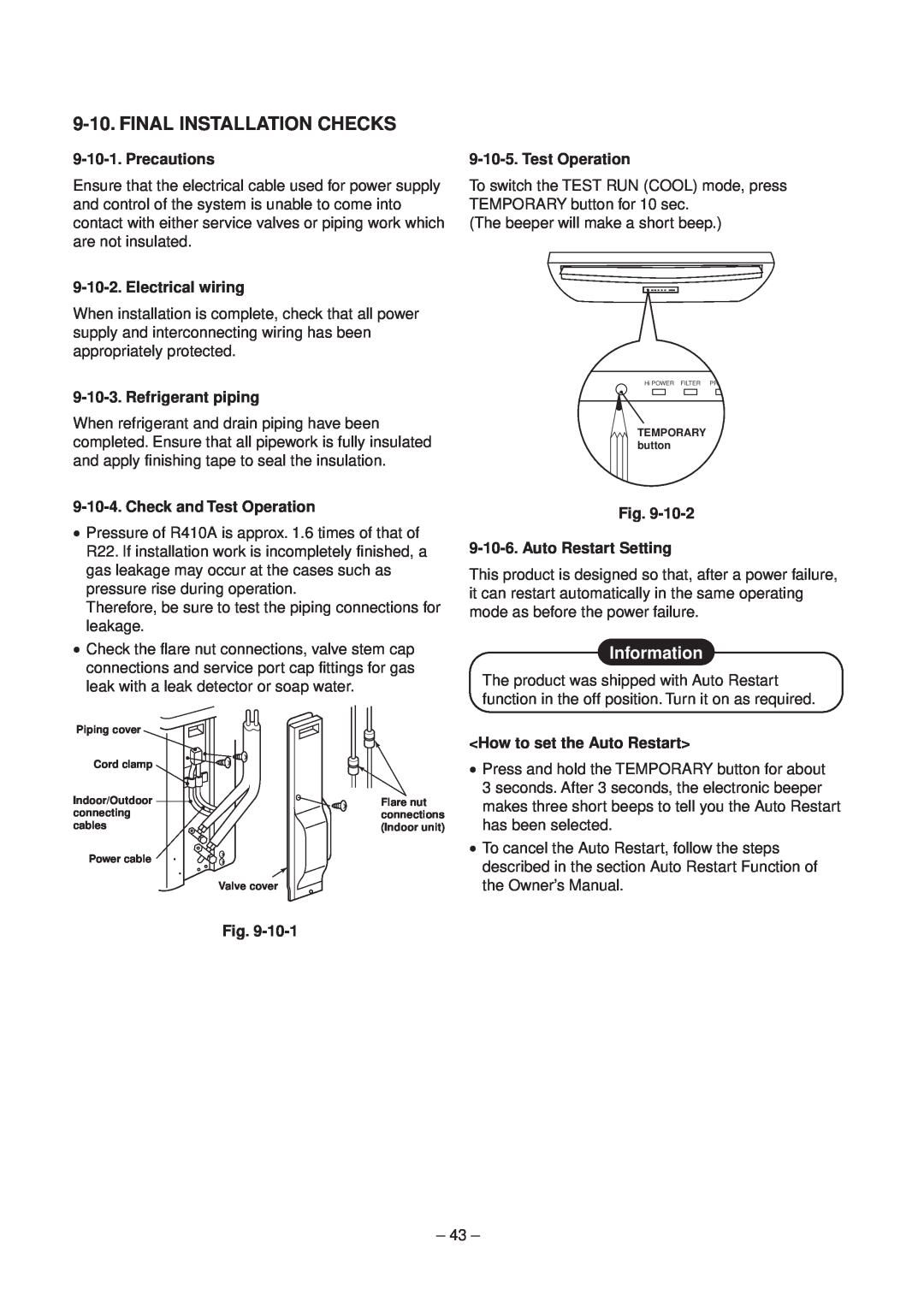 Toshiba RAV-SM560XT-E service manual Final Installation Checks, Information, Precautions, Test Operation, Electrical wiring 
