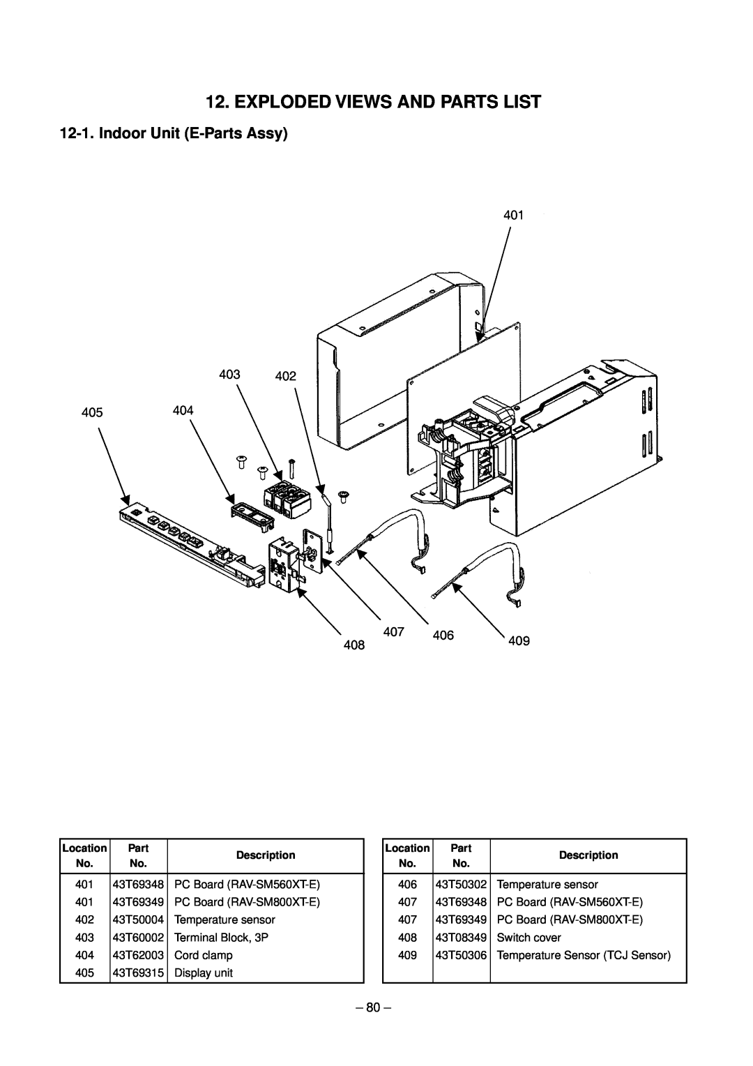 Toshiba RAV-SM800XT-E, RAV-SM560XT-E service manual Exploded Views And Parts List, Indoor Unit E-PartsAssy 