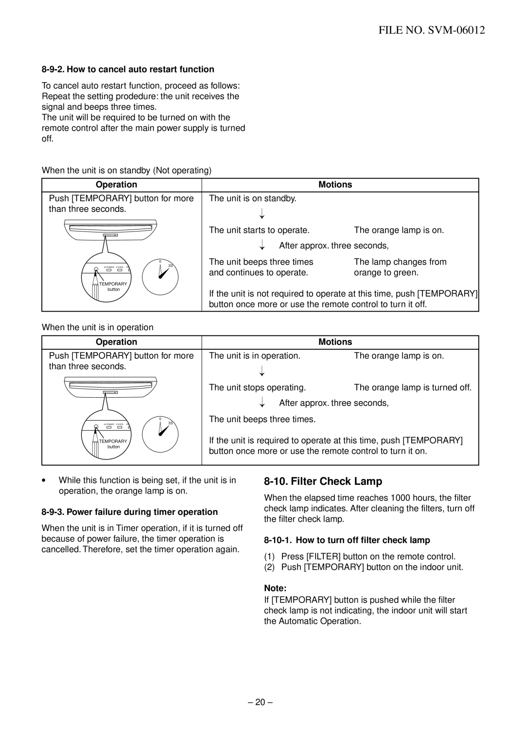 Toshiba RAV-SM802AT-E Filter Check Lamp, How to cancel auto restart function, Power failure during timer operation 